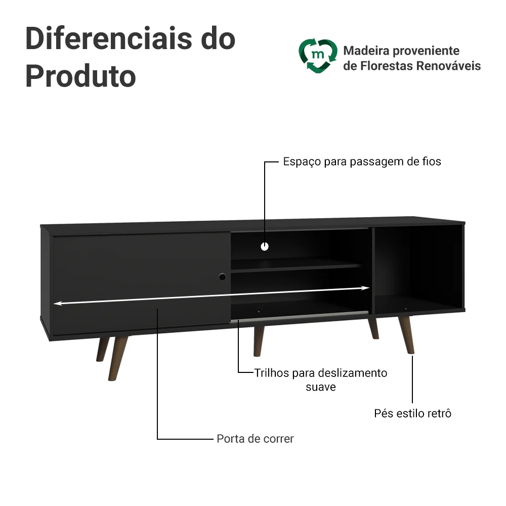 Rack Madesa Dubai para TV até 65 Polegadas com Pés Preto/Rustic 8N5Z - Image 3