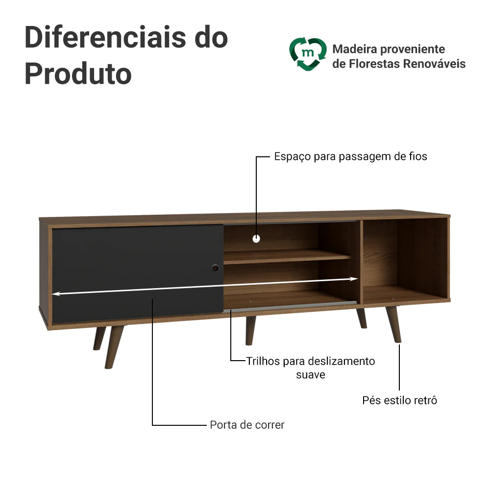 Rack para TV até 65 Polegadas com Pés Rustic/Preto 7K5Z Madesa Dubai - Image 4
