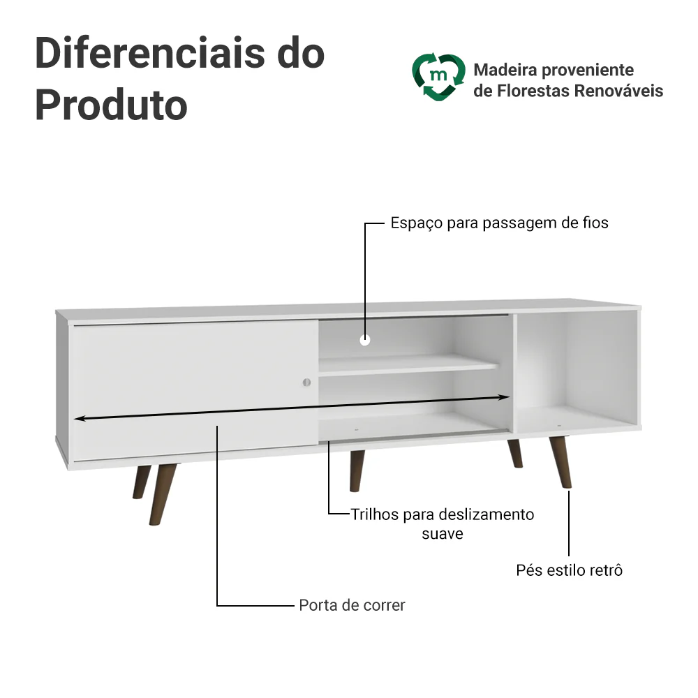 Rack Madesa Dubai para TV até 65 Polegadas com Pés Branco/Rustic 095Z - Image 4