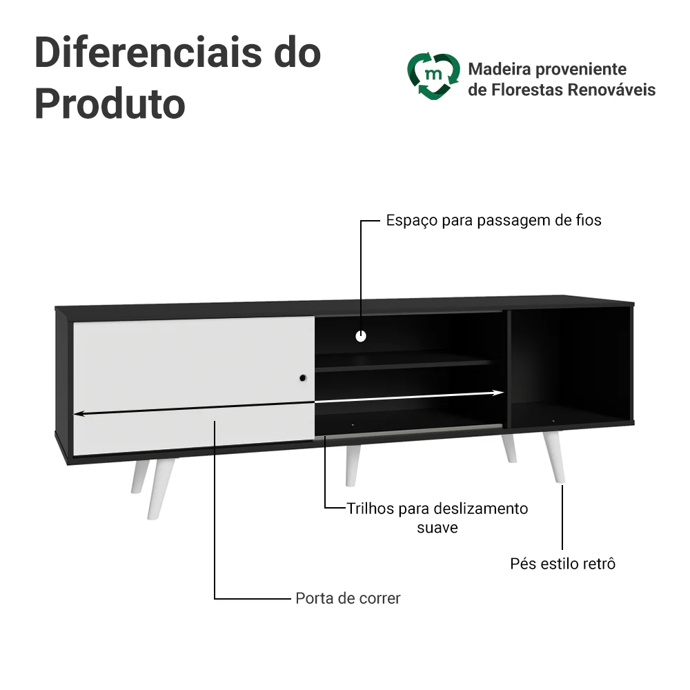 Rack Madesa Dubai para TV até 65 Polegadas com Pés Preto/Branco 7709 - Image 4