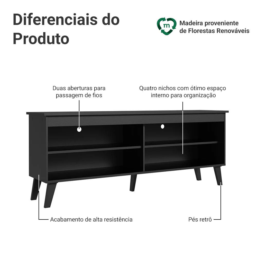 Rack para TV até 65 Polegadas com Pés Preto Turim Madesa - Image 4