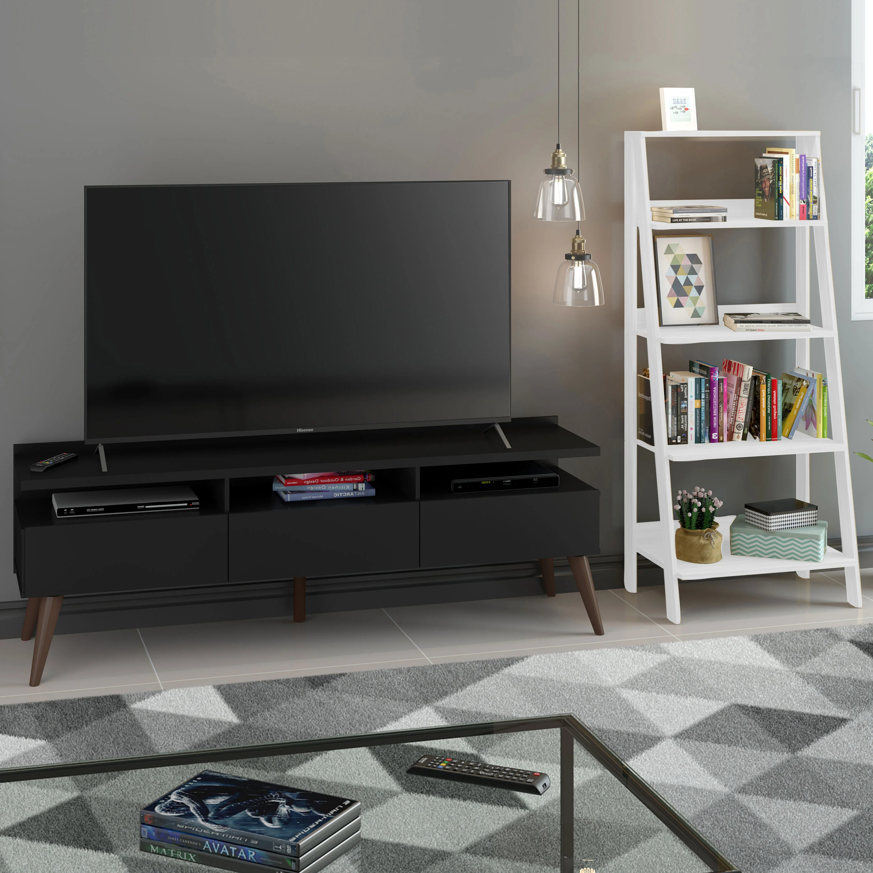 Rack para TV até 65 Polegadas Madesa Londres e Estante Escada Preto/Branco