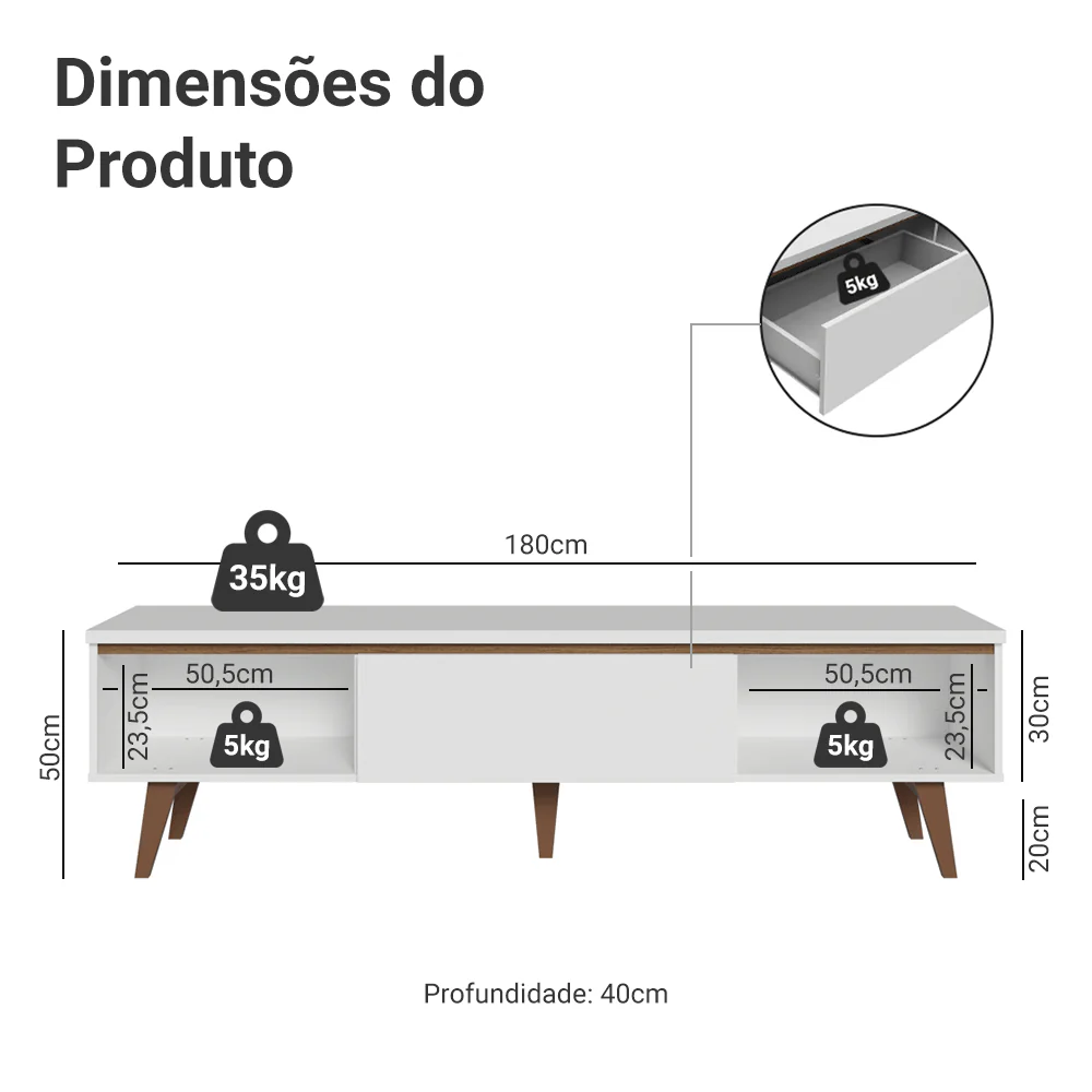 Rack para TV até 75 Polegadas 2 Portas 1 Gaveta Branco Troy Madesa - Image 3
