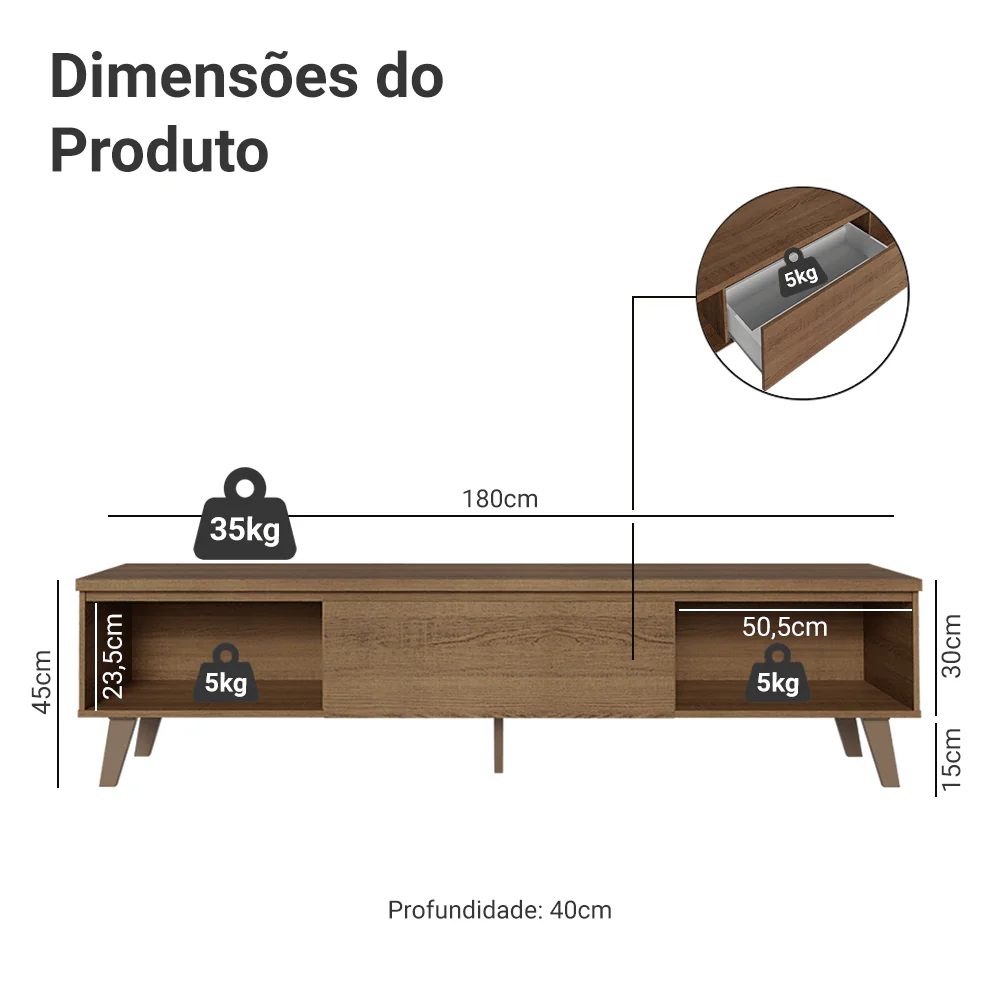 Rack para TV até 80 Polegadas 180 cm 2 Portas 1 Gaveta Rustic Nilo Madesa - Image 3