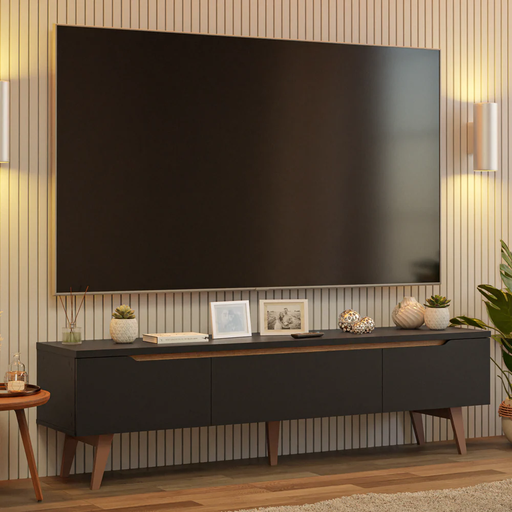 Rack para TV até 80 Polegadas 180cm 2 Portas 1 Gaveta Preto/Rustic Doha Madesa