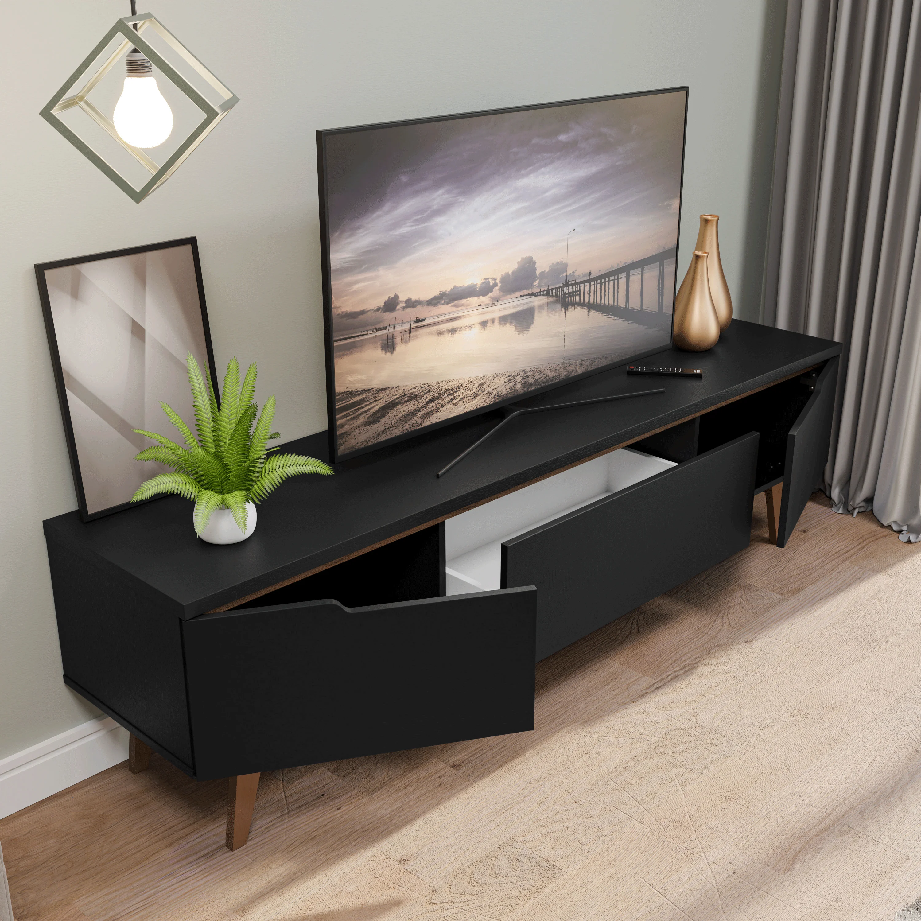 Rack para TV até 80 Polegadas 180cm 2 Portas 1 Gaveta Preto/Rustic Doha Madesa - Image 7