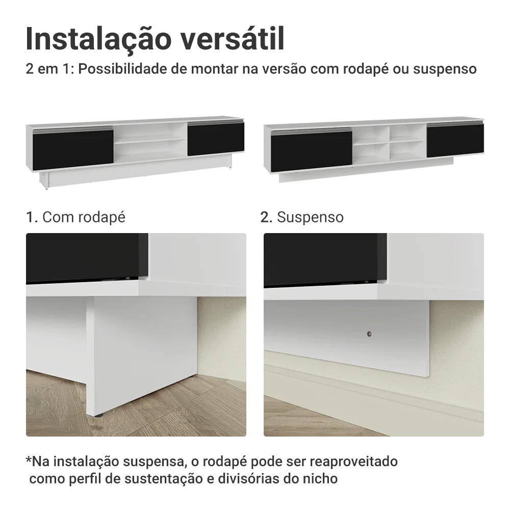 Rack para TV até 80 Polegadas 218 cm 2 Portas Branco/Preto Glamy Madesa - Image 9