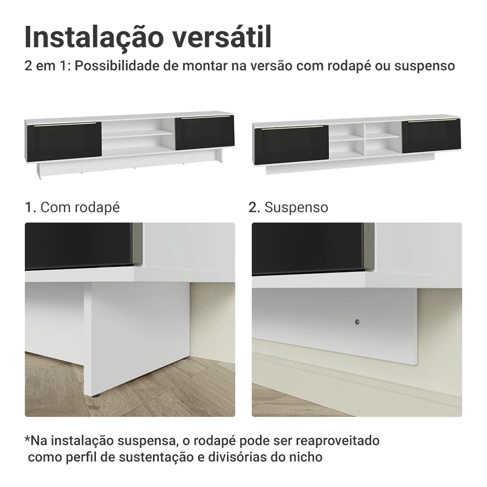 Rack para TV até 80 Polegadas 218 cm 2 Portas Branco/Preto Lux Madesa - Image 9
