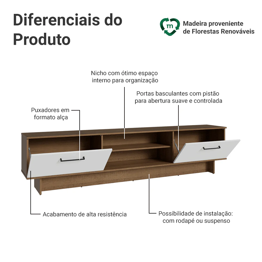 Rack para TV até 80 Polegadas 218 cm 2 Portas Rustic/Branco Agata Madesa - Image 4