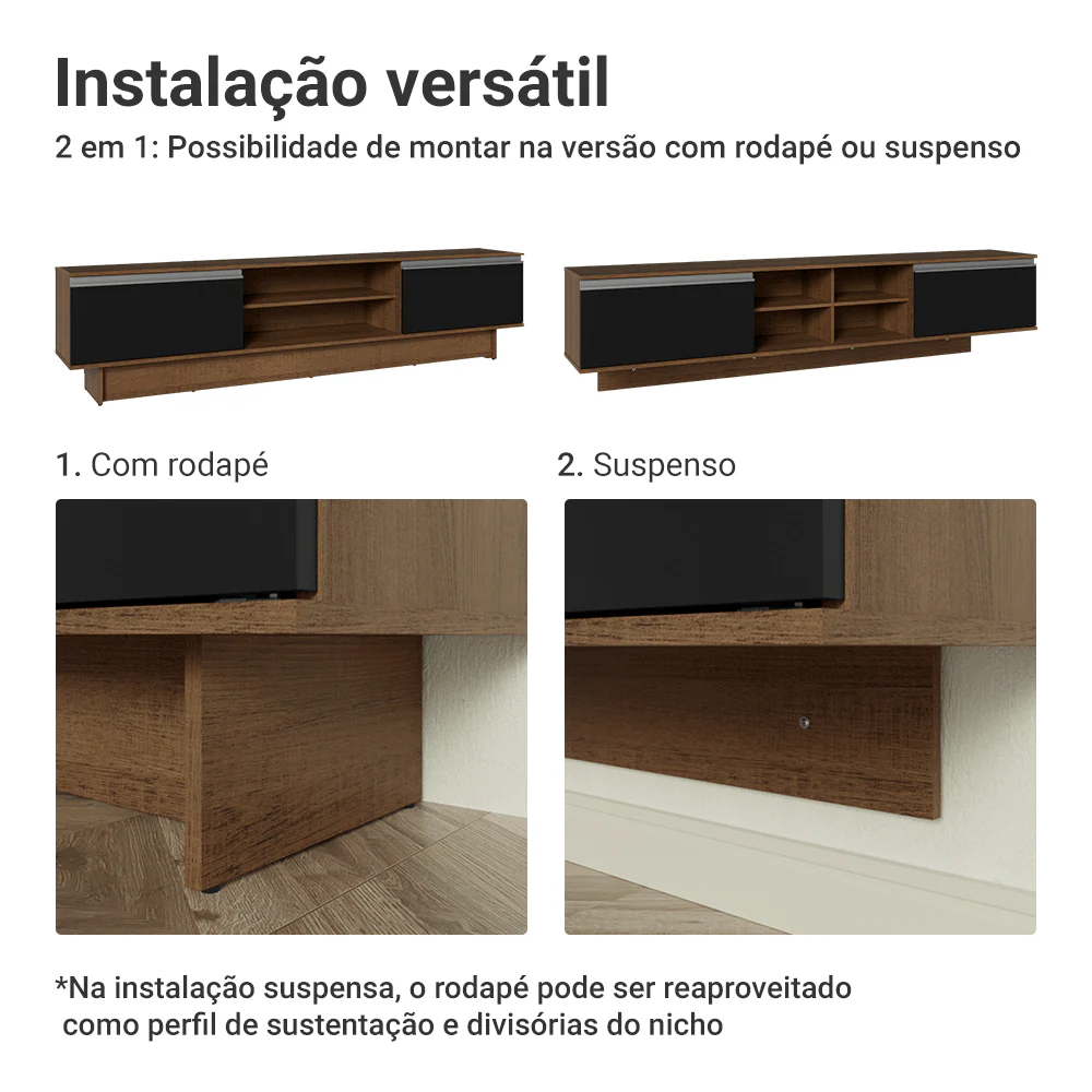 Rack para TV até 80 Polegadas 218 cm 2 Portas Rustic/Preto Glamy Madesa - Image 9
