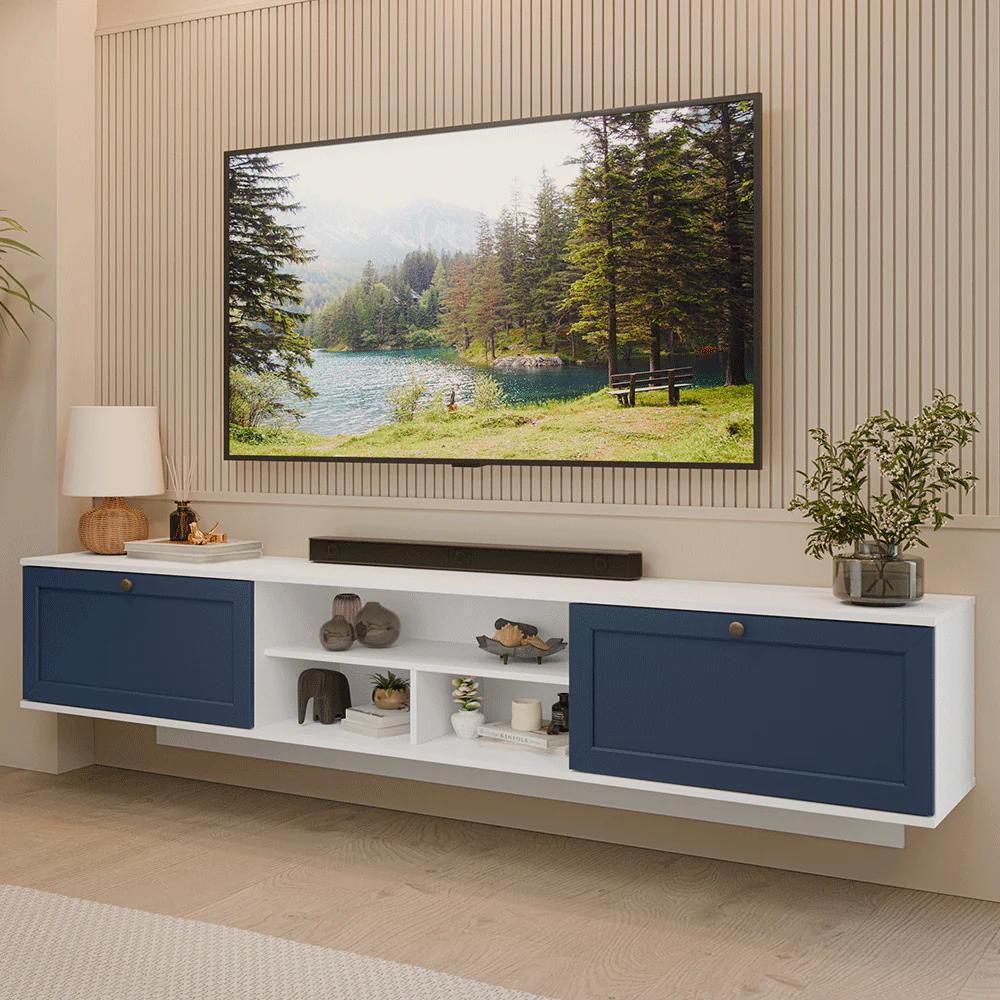 Rack Suspenso para TV até 80 Polegadas 218 cm 2 Portas Branco/Azul Vik Madesa