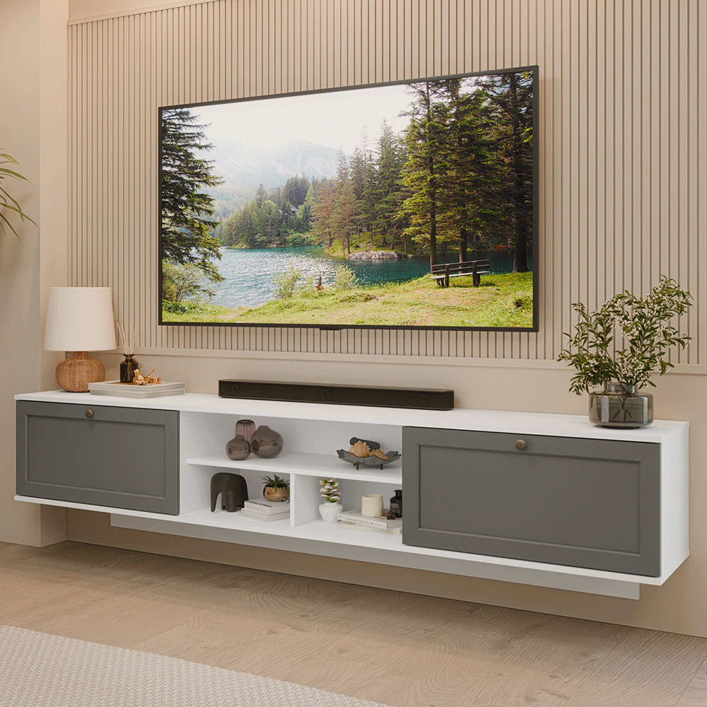 Rack Suspenso para TV até 80 Polegadas 218 cm 2 Portas Branco/Cinza Vik Madesa