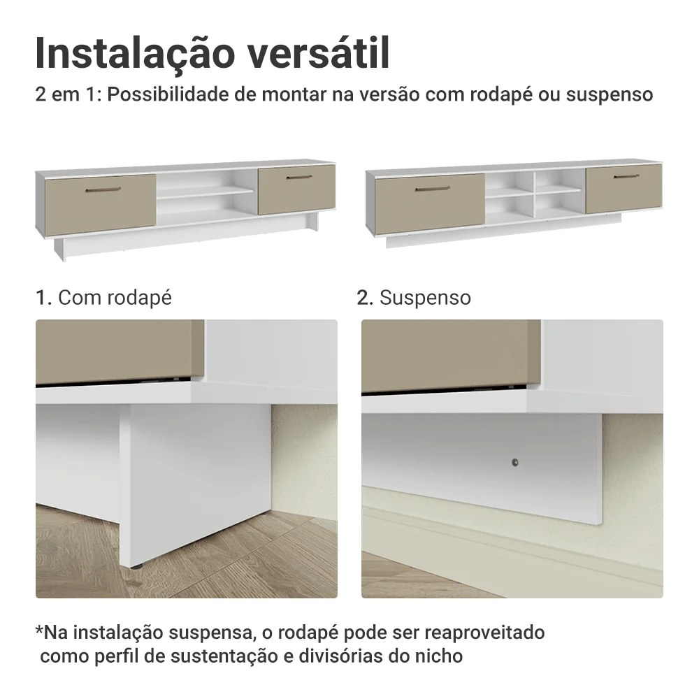 Rack Suspenso para TV até 80 Polegadas 218 cm 2 Portas Branco/Crema Agata Madesa - Image 9