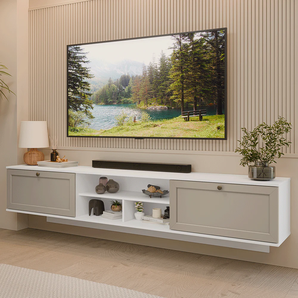 Rack Suspenso para TV até 80 Polegadas 218 cm 2 Portas Branco/Crema Vik Madesa