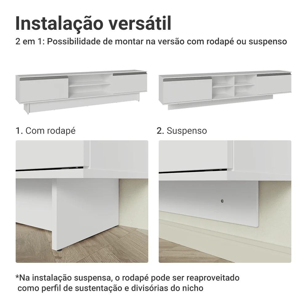 Rack Suspenso para TV até 80 Polegadas 218 cm 2 Portas Branco Glamy Madesa - Image 9