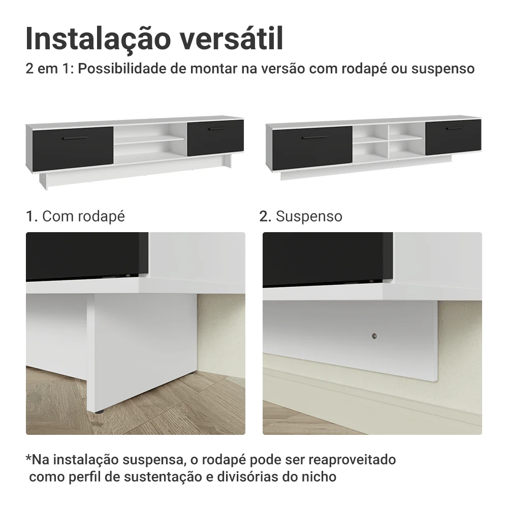 Rack Suspenso para TV até 80 Polegadas 218 cm 2 Portas Branco/Preto Agata Madesa - Image 9