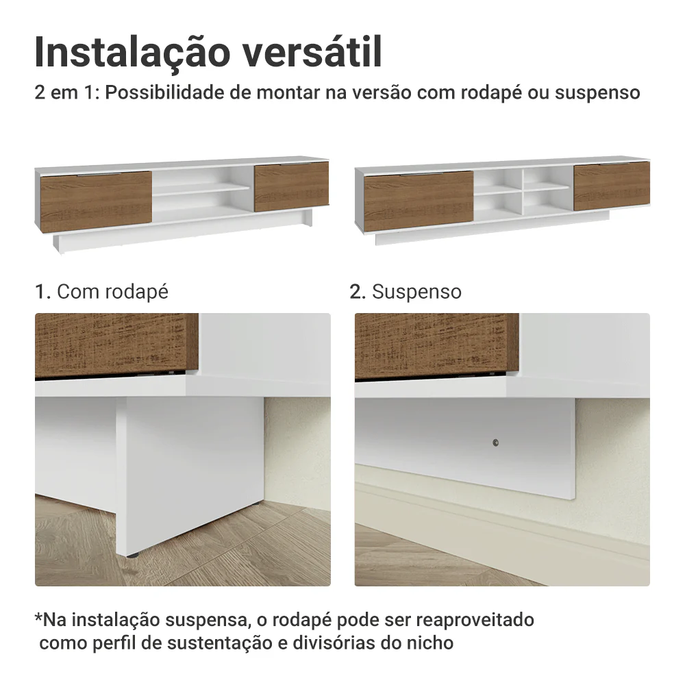 Rack Suspenso para TV até 80 Polegadas 218 cm 2 Portas Branco/Rustic Stella Madesa - Image 9