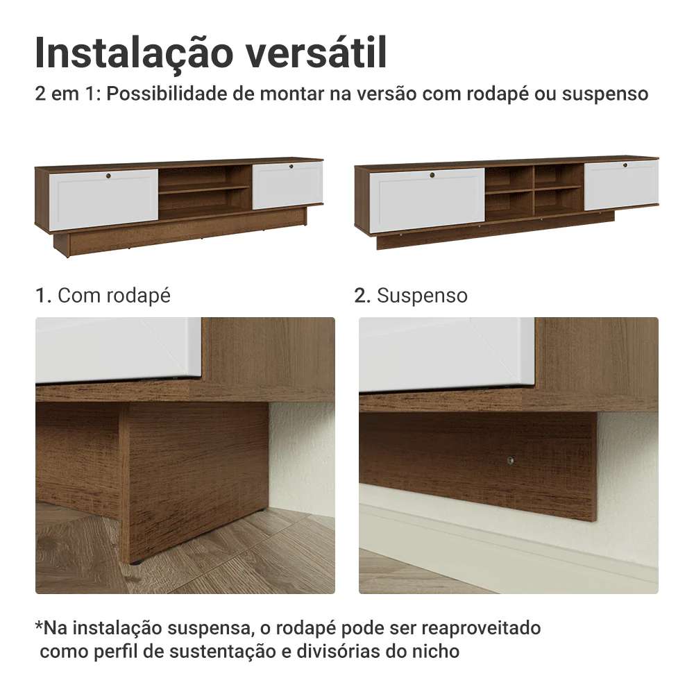 Rack Suspenso para TV até 80 Polegadas 218 cm 2 Portas Rustic/Branco Vik Madesa - Image 5