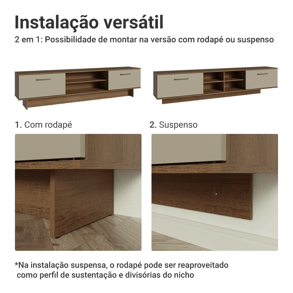 Rack Suspenso para TV até 80 Polegadas 218 cm 2 Portas Rustic/Crema Agata Madesa - Image 9