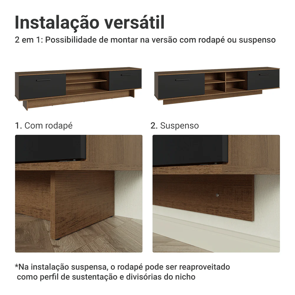 Rack Suspenso para TV até 80 Polegadas 218 cm 2 Portas Rustic/Preto Agata Madesa - Image 9