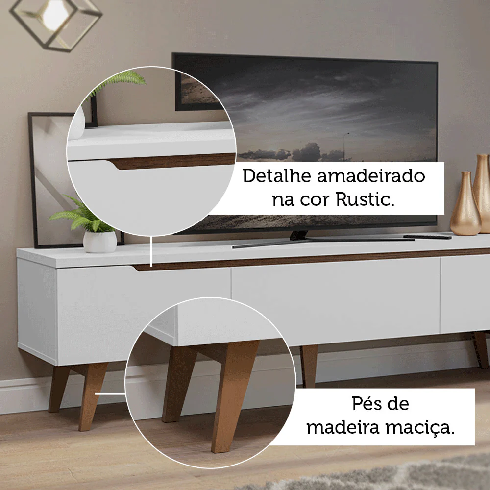 Rack para TV até 80 Polegadas 180cm 2 Portas 1 Gaveta Branco/Rustic Toronto Madesa - Image 9