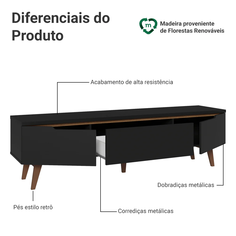 Rack para TV até 80 Polegadas 180cm 2 Portas 1 Gaveta Preto/Rustic Toronto Madesa - Image 4