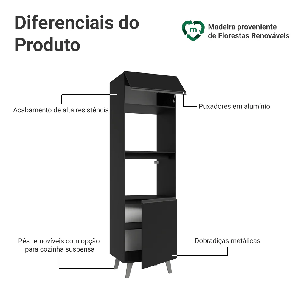 Torre Quente 60 cm 2 Portas 2 Nichos Com Pés Preto Nice Madesa - Image 3