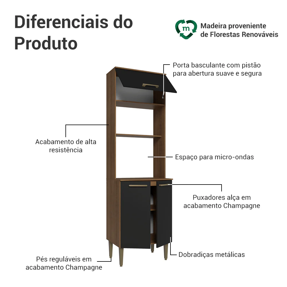 Torre Quente 60 cm 3 Portas Rustic/Preto Lille Madesa - Image 4