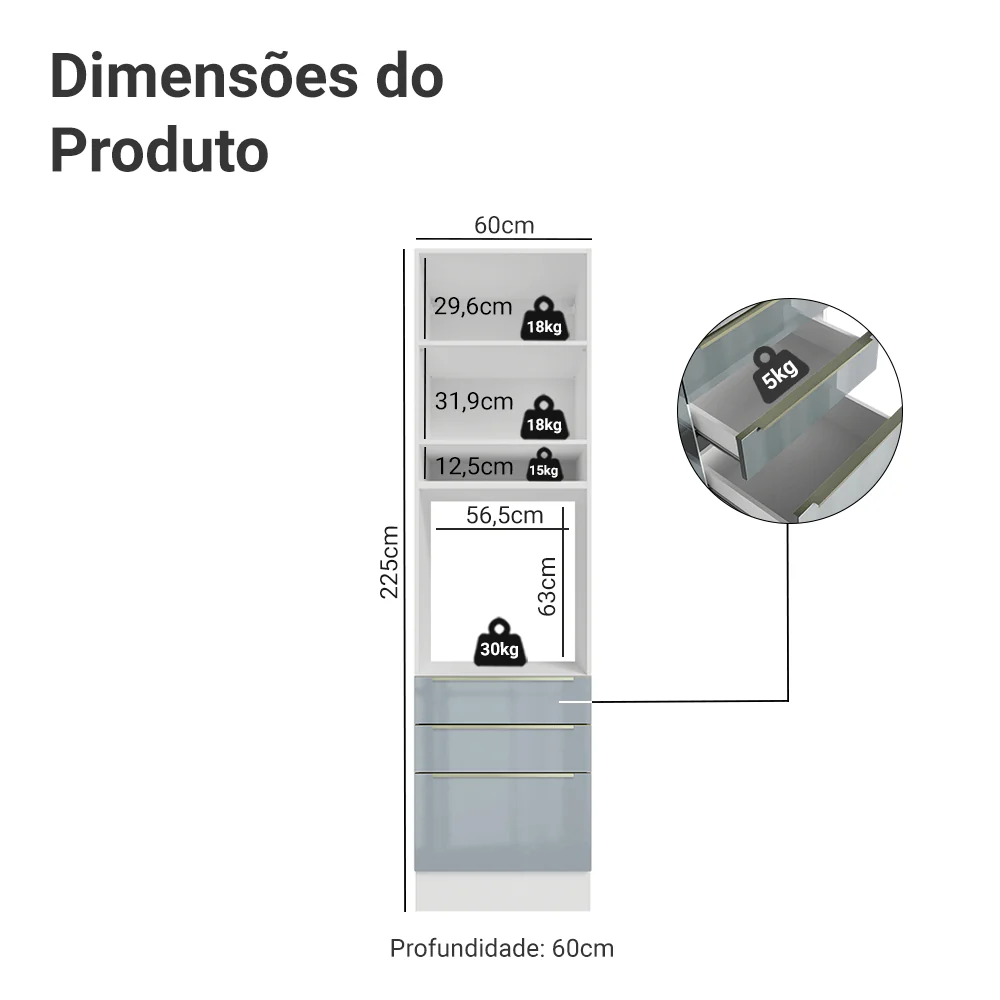 Torre Quente 60 x 60 cm 1 Porta 3 Gavetas Branco/Cinza Lux Madesa - Image 2