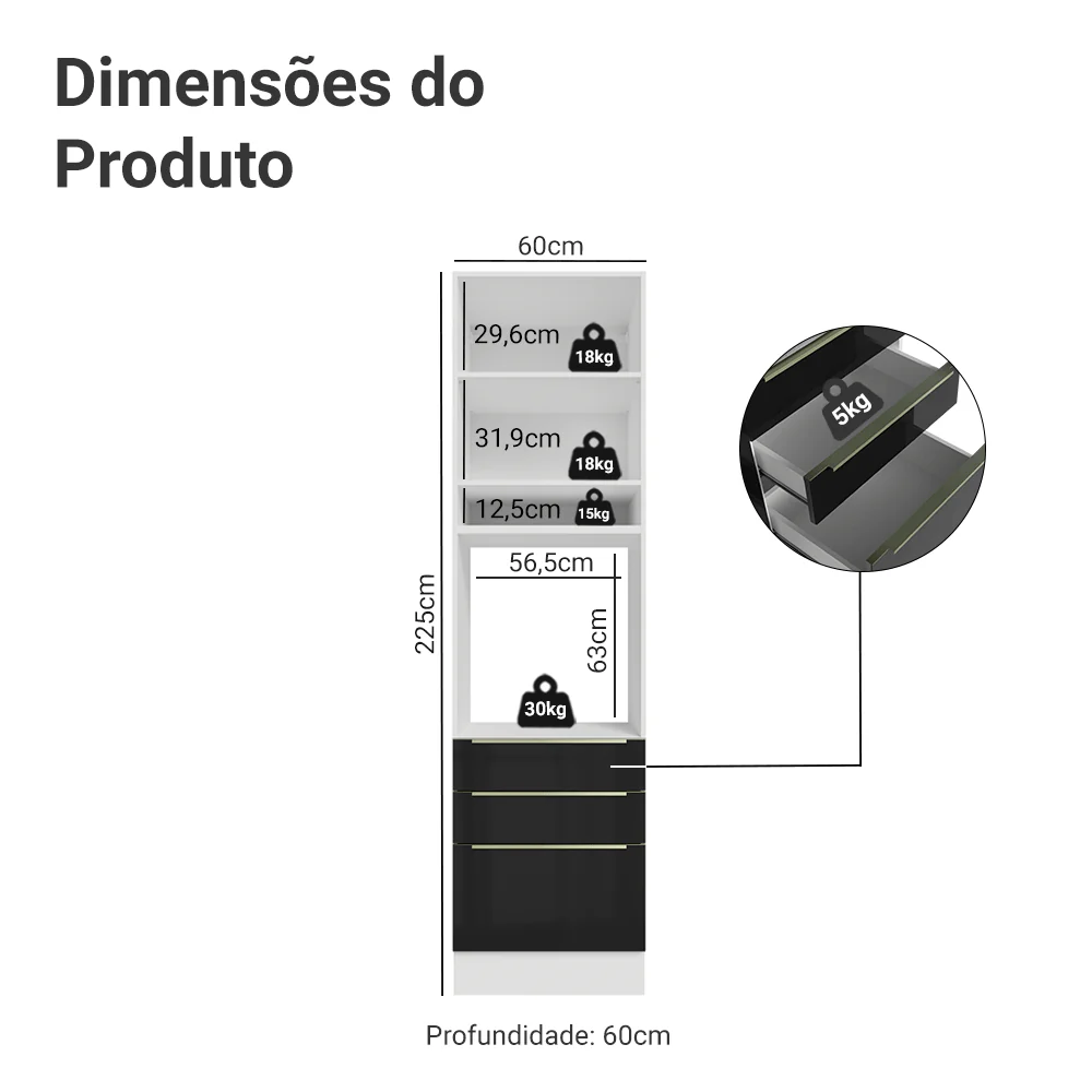 Torre Quente 60 x 60 cm 1 Porta 3 Gavetas Branco/Preto Lux Madesa - Image 2