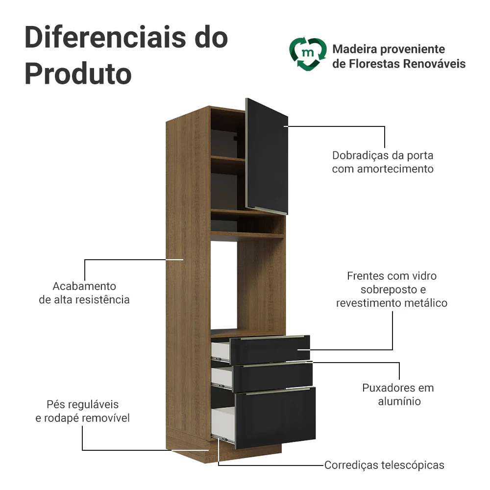 Torre Quente 60 x 60 cm 1 Porta 3 Gavetas Rustic/Preto Lux Madesa - Image 3